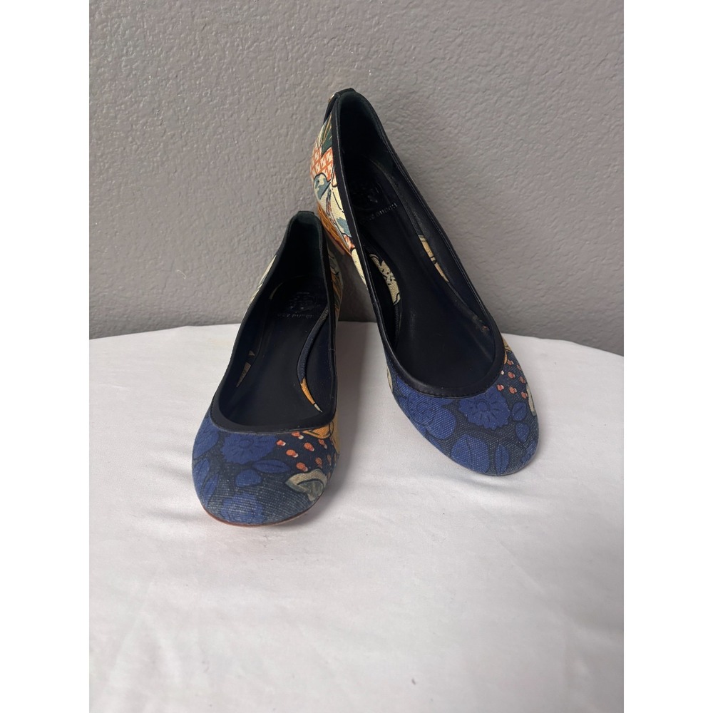 Tory Burch Womens 9 Sally Wedge Pump Multi Floral Canvas Low Heel Logo Brazil